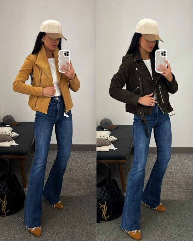 mia mia mine wearing suede moto jackets from the nsale