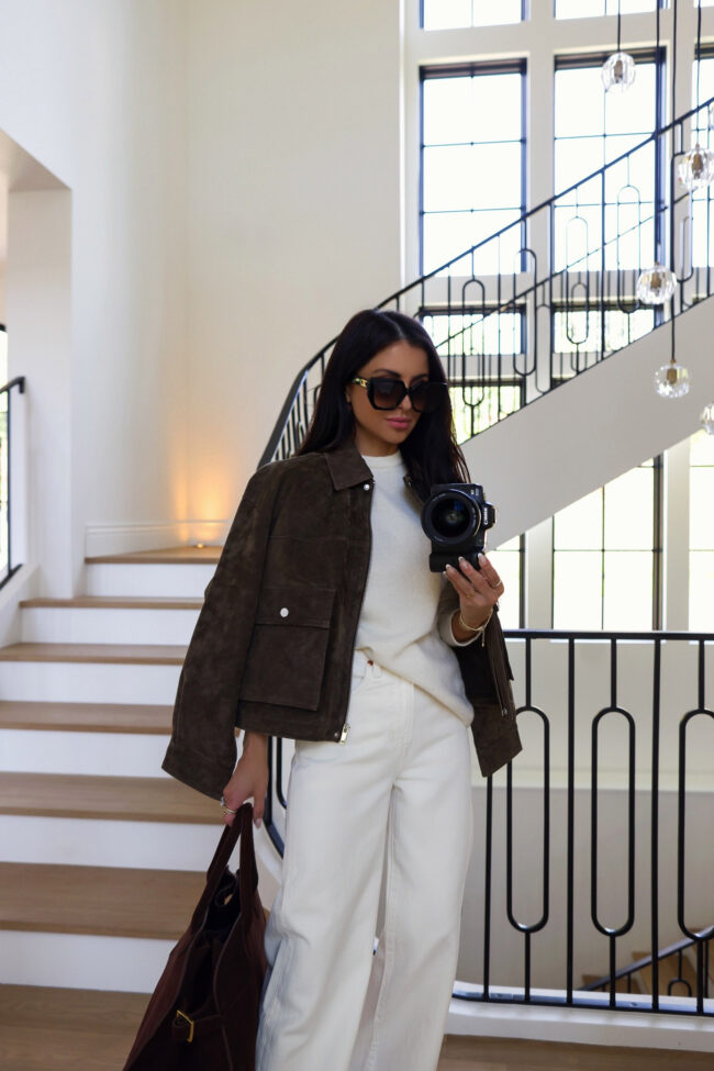 brunette fashion blogger wearing a zara brown suede jacket