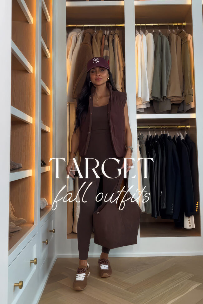 brunette fashion blogger wearing brown target activewear pieces for fall
