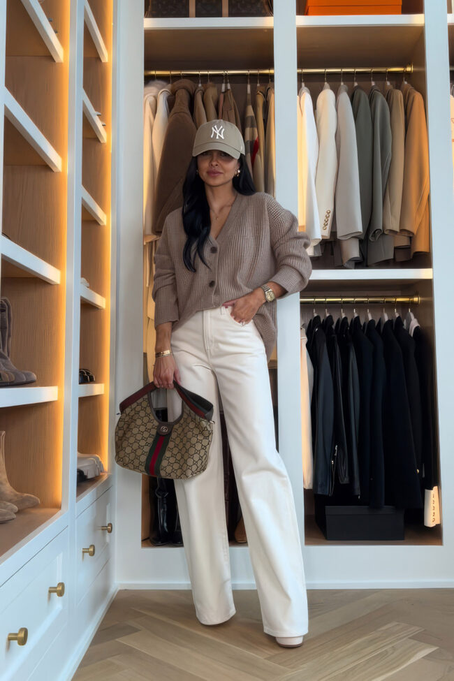 fashion blogger mia mia mine wearing a quince cardigan