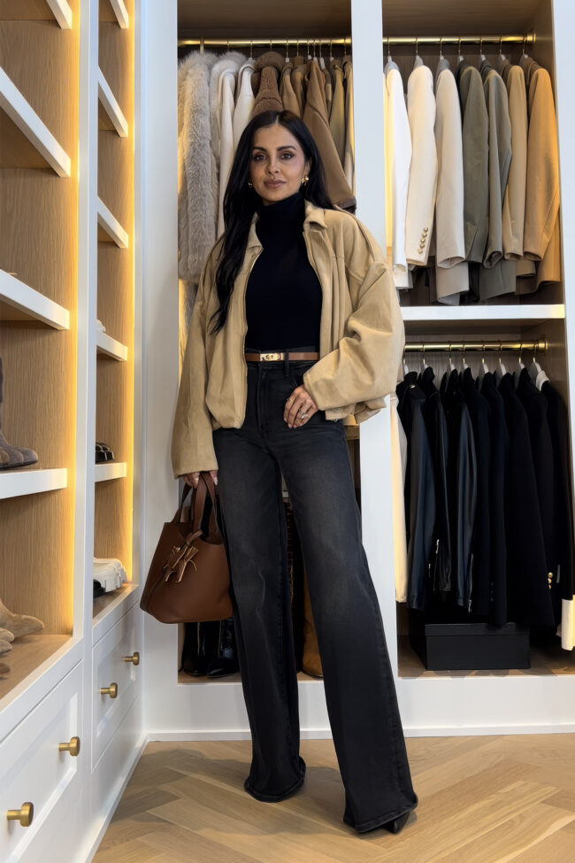 fashion blogger mia mia mine wearing a suede bomber jacket from amazon