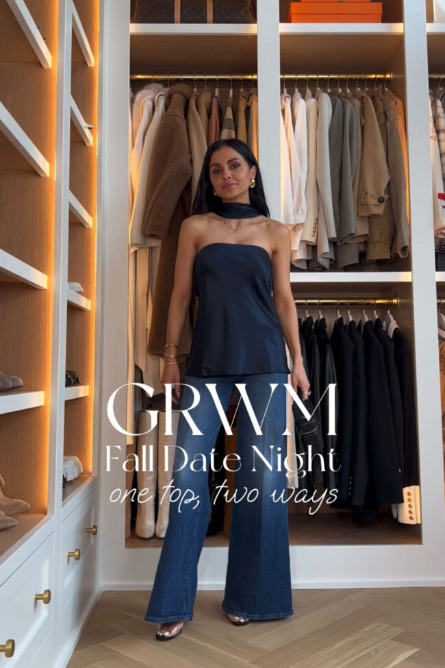 mia mia mine wearing a reformation navy blue satin top