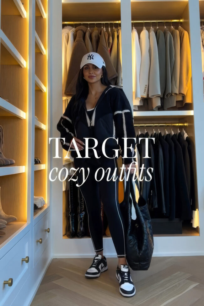 brunette fashion blogger wearing a black loungewear set from target