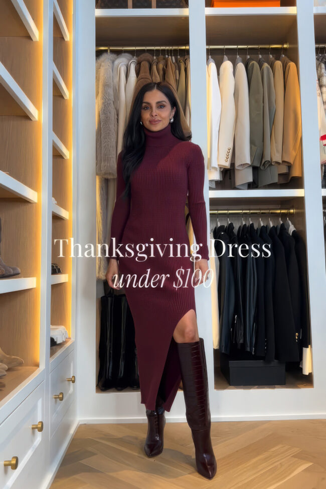mia mia mine wearing a nordstrom sweater dress for thanksgiving