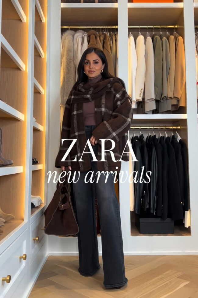 brunette fashion blogger wearing a plaid scarf coat from zara