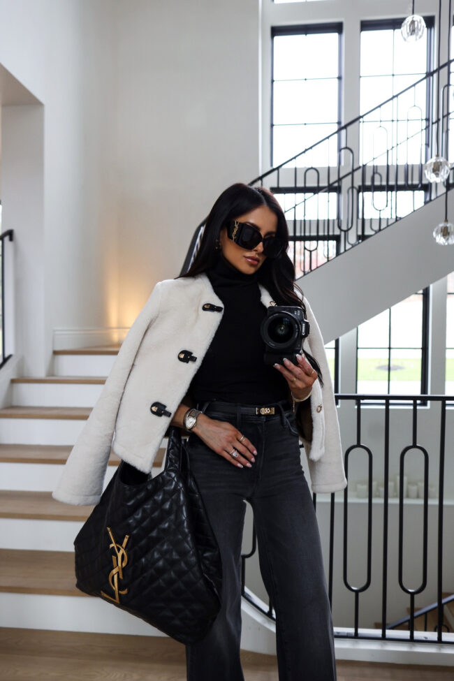 mia mia mine wearing a zara faux fur toggle coat