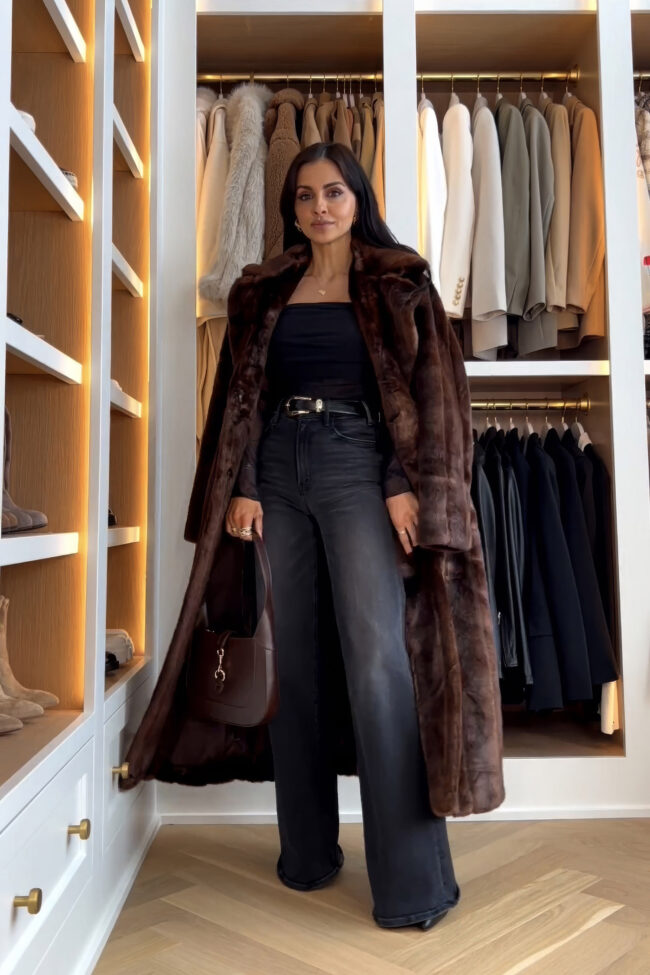 mia mia mine wearing a target off the shoulder top and faux fur coat