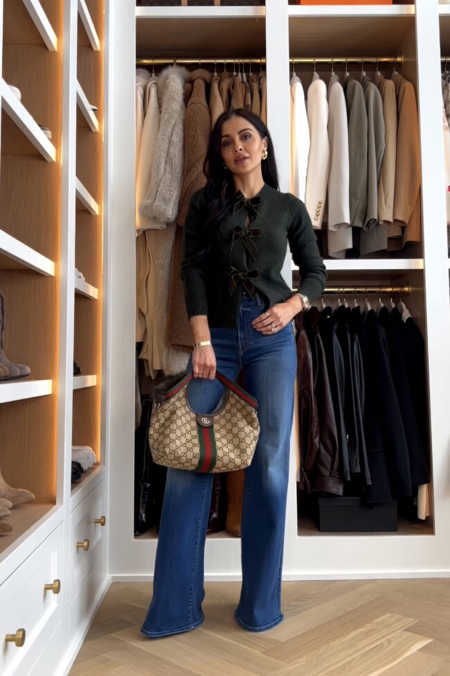 mia mia mine wearing a green bow cardigan from nordstrom