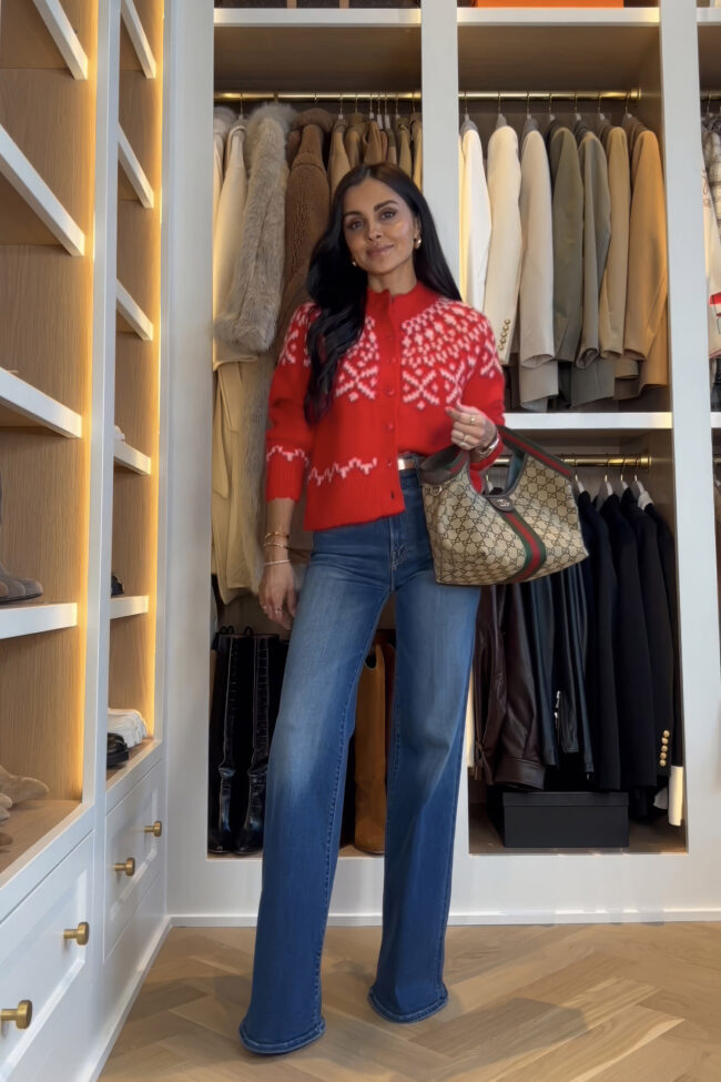 fashion blogger wearing a red fair isle cardigan from target