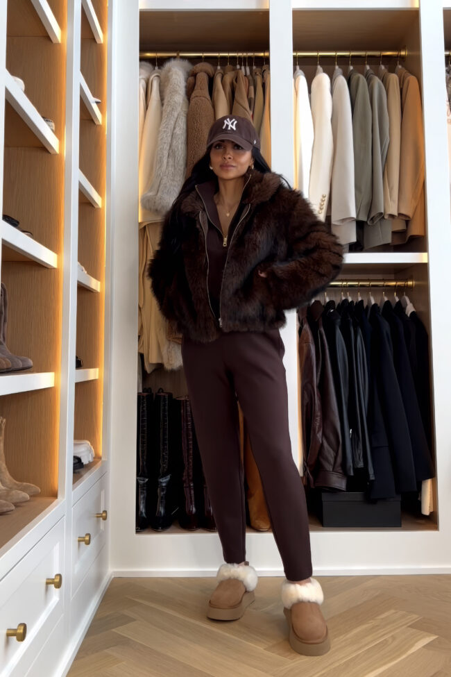 mia mia mine wearing a brown varley sweatsuit and faux fur coat from nordstrom