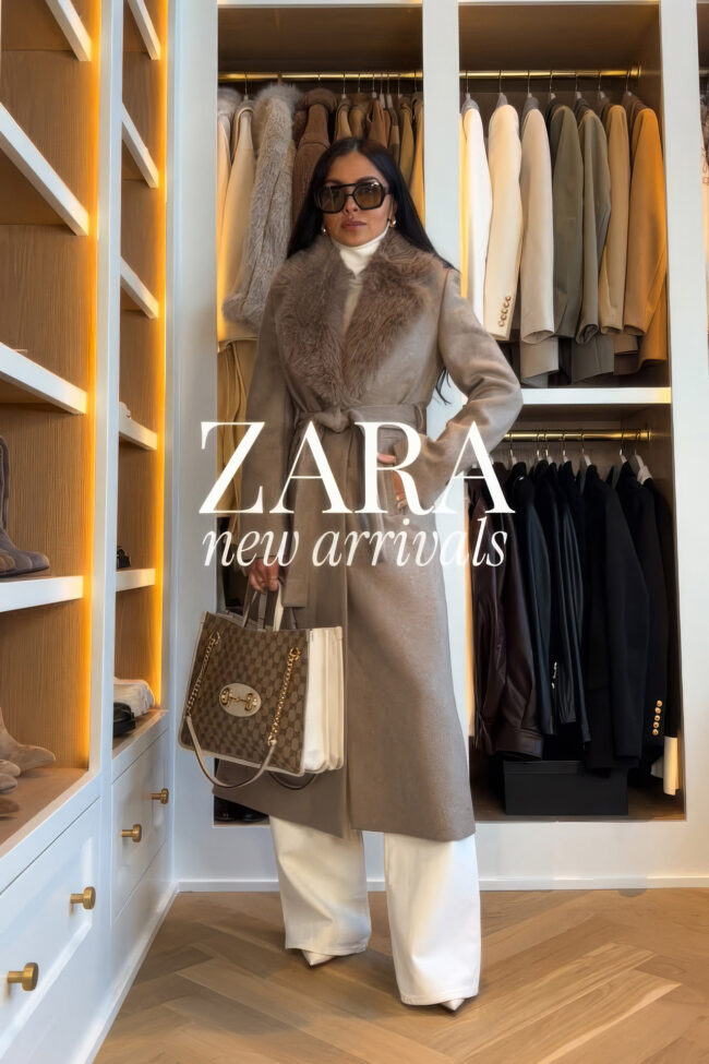 brunette fashion blogger wearing a zara faux fur collar coat