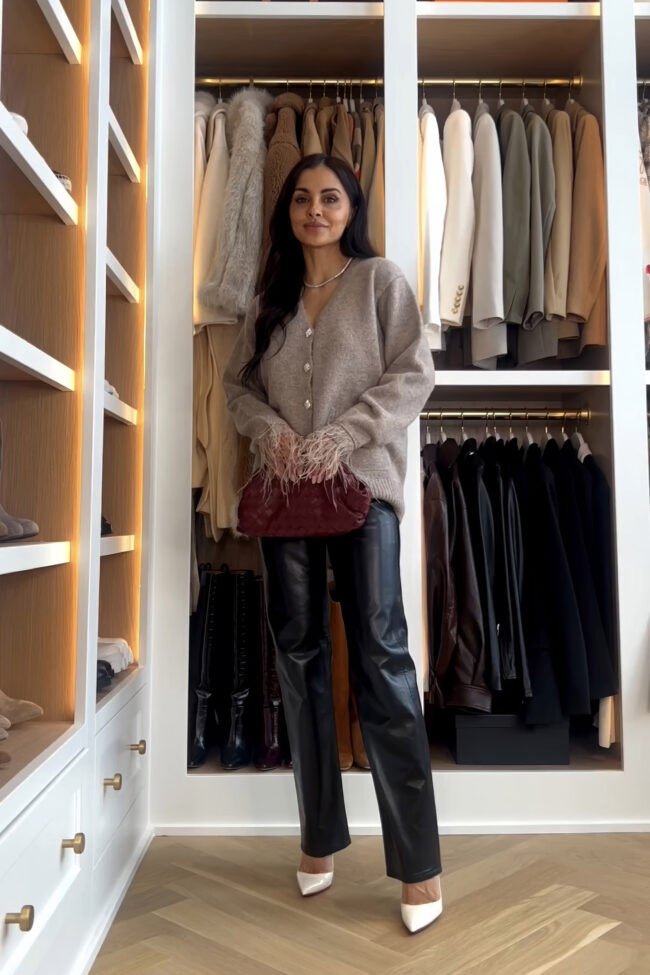 mia mia mine wearing a fur trim cardigan for the holiday season