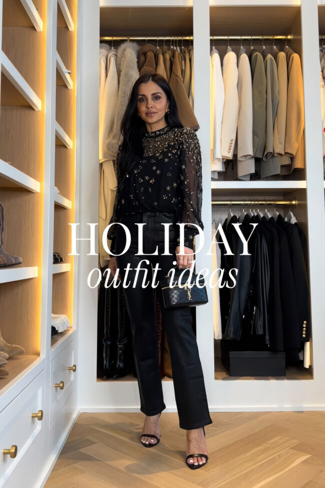 mia mia mine wearing an embellished blouse and faux leather pants from saks