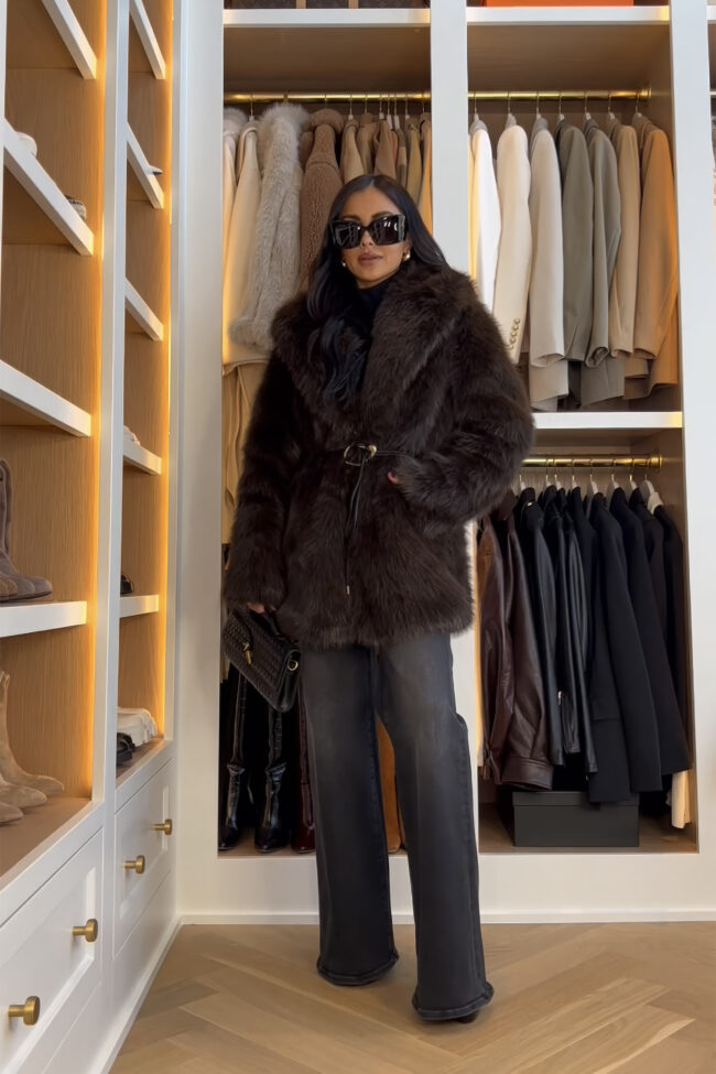 fashion blogger wearing a zara belted faux fur coat