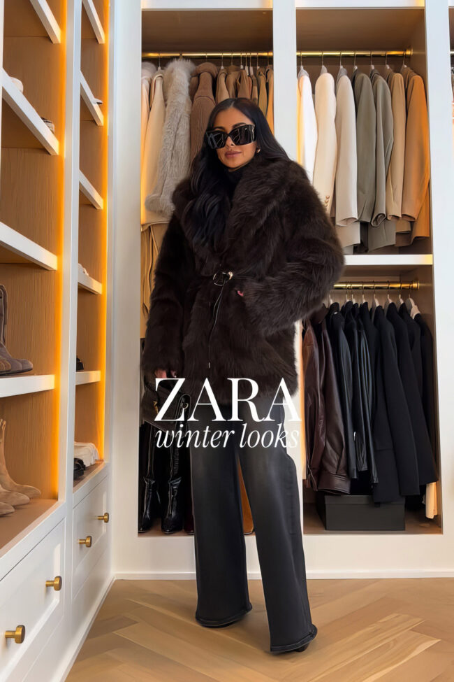 brunette fashion blogger wearing a brown faux fur coat from zara