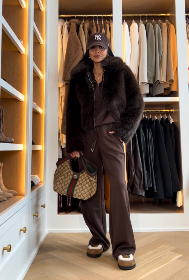 mia mia mine wearing a brown amazon lounge set