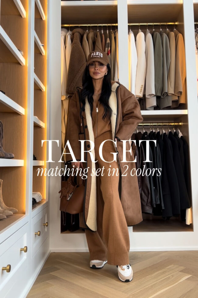 mia mia mine wearing a camel lounge set from target