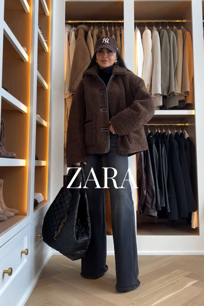 mia mia mine wearing a toggle shearling coat from zara