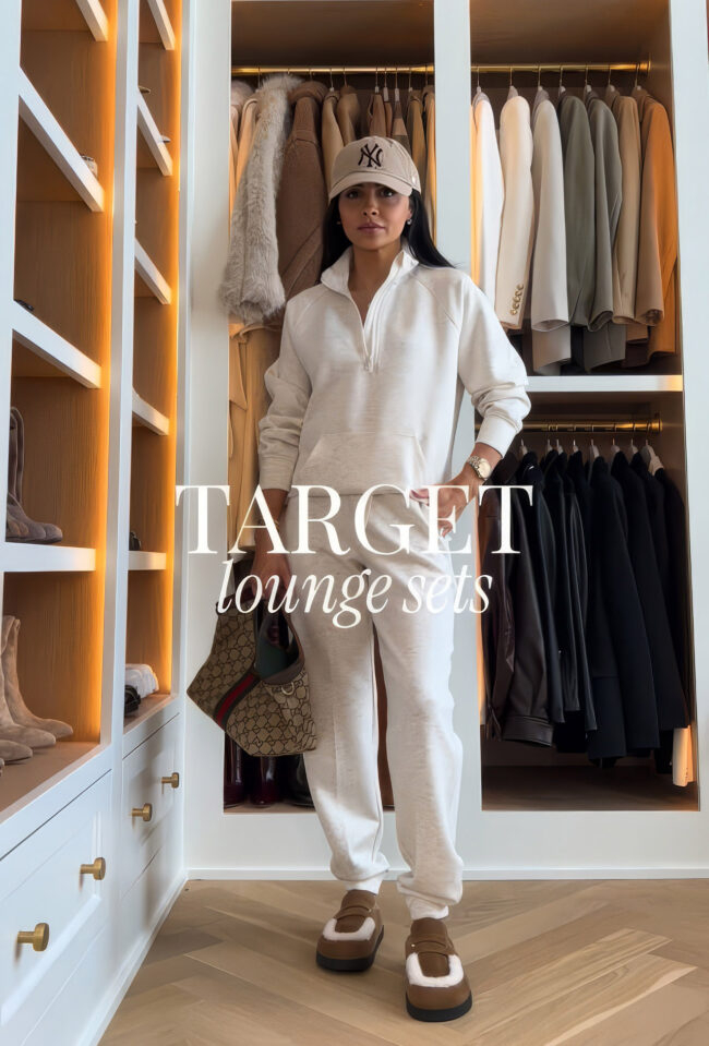 mia mia mine wearing an ivory lounge set from target with shearling mules