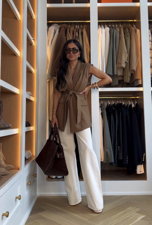 mia mia mine wearing a nordstrom vest top with levi's ecru jeans