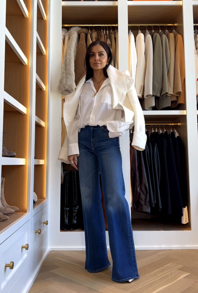 fashion blogger mia mia mine wearing a white button up shirt from mother