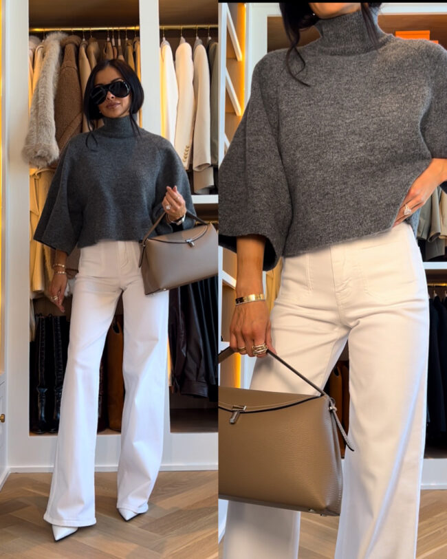fashion blogger wearing a zara gray sweater with white wide leg jeans