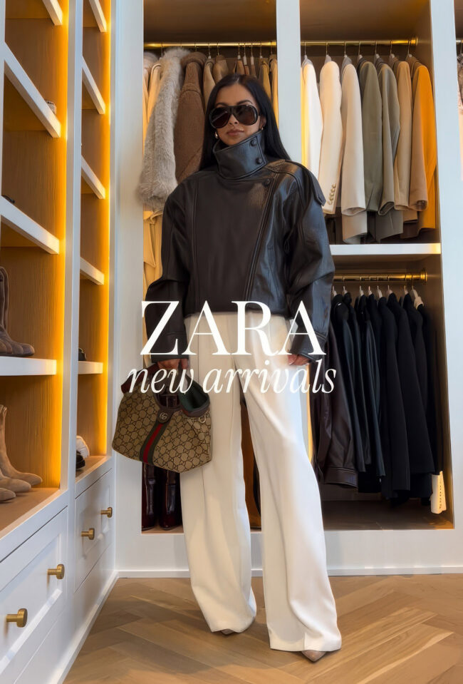 fashion blogger wearing zara viral funnel neck leather jacket