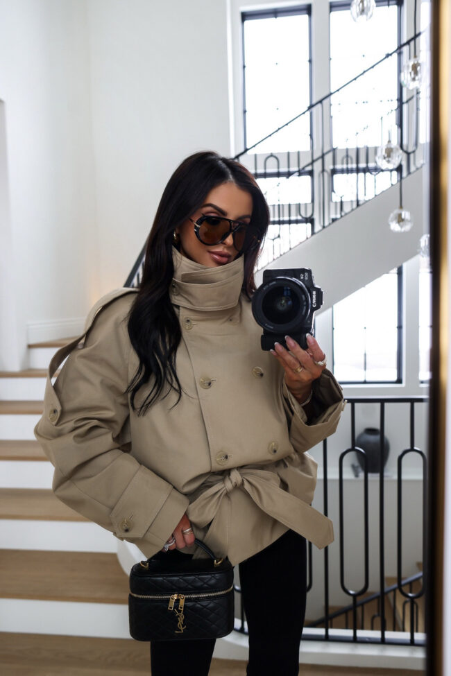 fashion blogger mia mia mine wearing a cropped trench coat from zara
