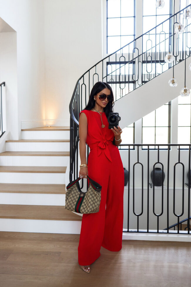fashion blogger wearing a red matching set from amazon