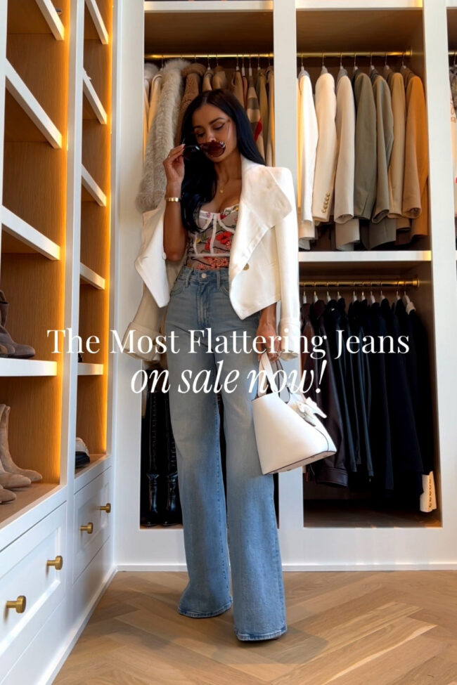 fashion blogger mia mia mine wearing a bustier top and mother jeans