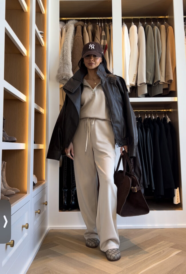 fashion blogger wearing an amazon lounge set with gucci sol clogs