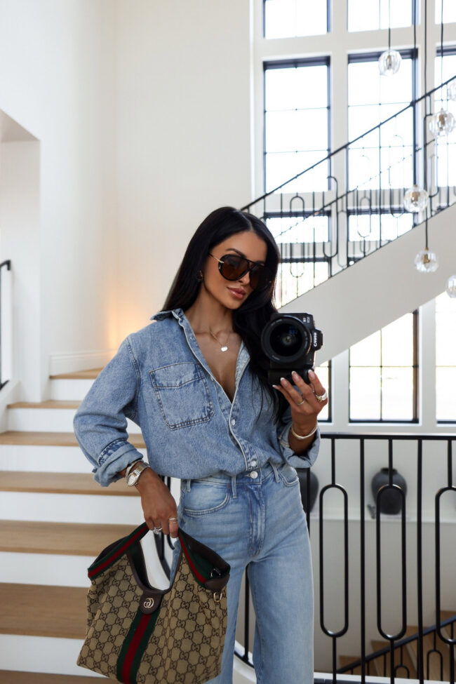 brunette fashion blogger wearing a target denim shirt