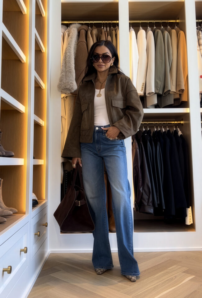 brunette fashion blogger wearing mother lasso jeans with a zara suede jacket for spring