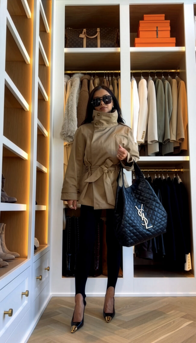 fashion blogger wearing commando stirrup leggings and a cropped trench coat from revolve