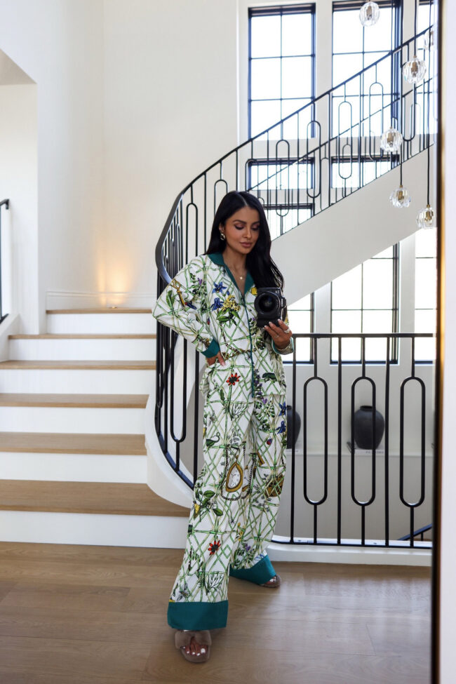 mia mia mine wearing anthro pajamas with amazon slippers