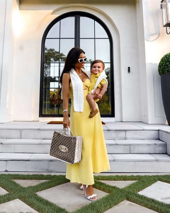 fashion blogger wearing a butter yellow dress from amazon