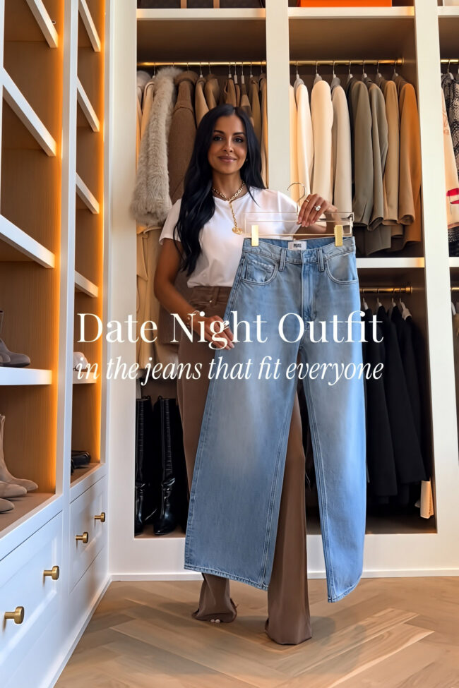 fashion blogger wearing paige arella jeans for a date night