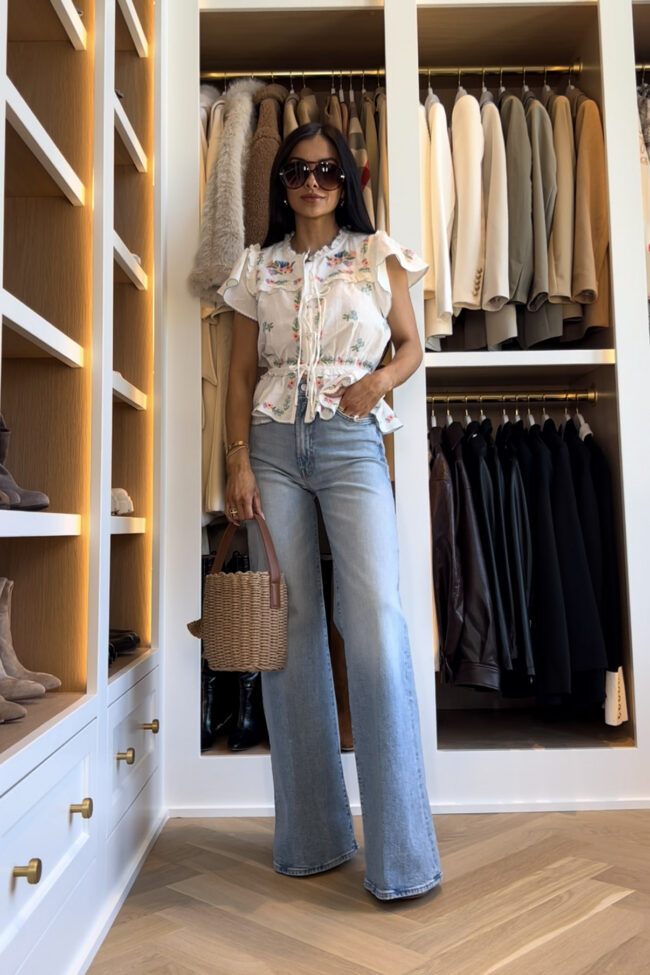 mia mia mine wearing an embroidered linen top from shopbop for spring