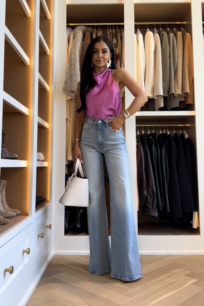 fashion blogger wearing a pink satin halter top from zara