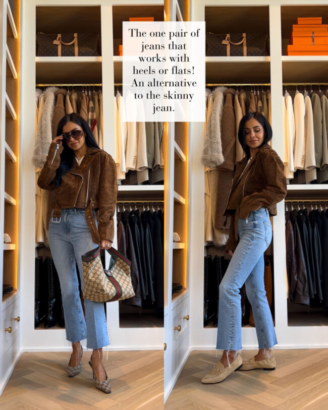 mia mia mine wearing cropped mother jeans with a zara suede moto jacket