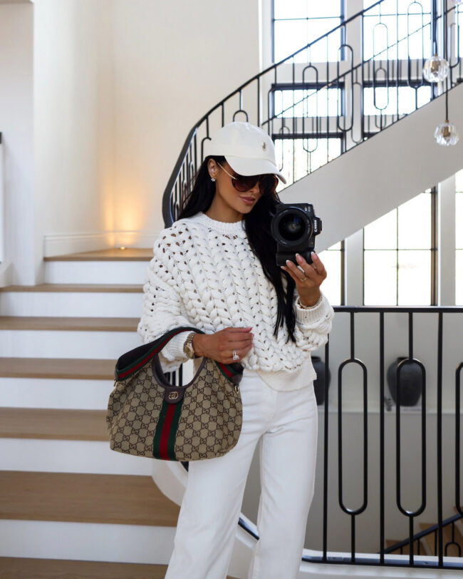 fashion blogger wearing a chunky knit sweater from target