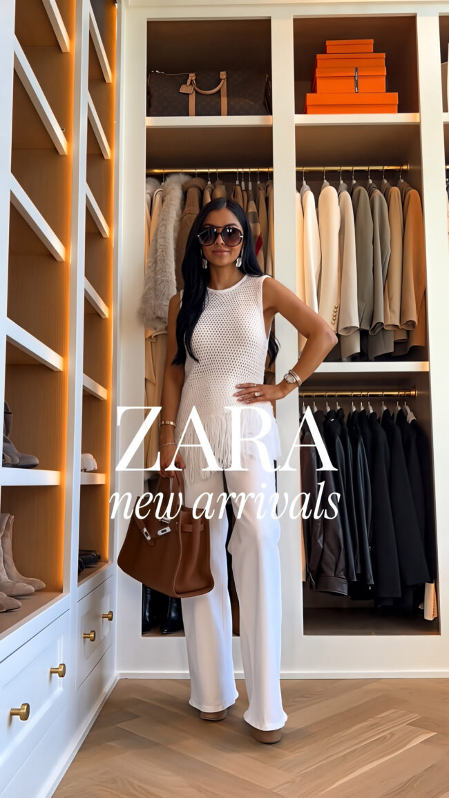 fashion blogger wearing a zara fringe top with white wide leg jeans