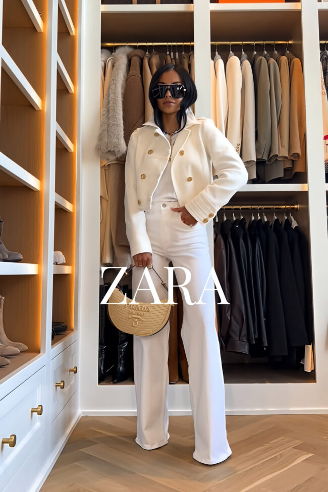 brunette fashion blogger wearing a zara white jacket with gold buttons for spring