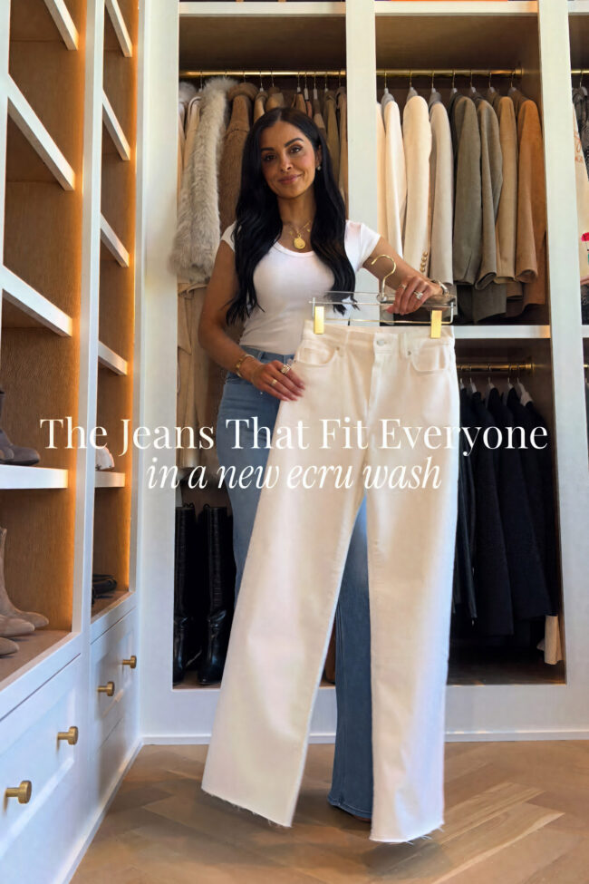 fashion blogger wearing paige wide leg ecru jeans