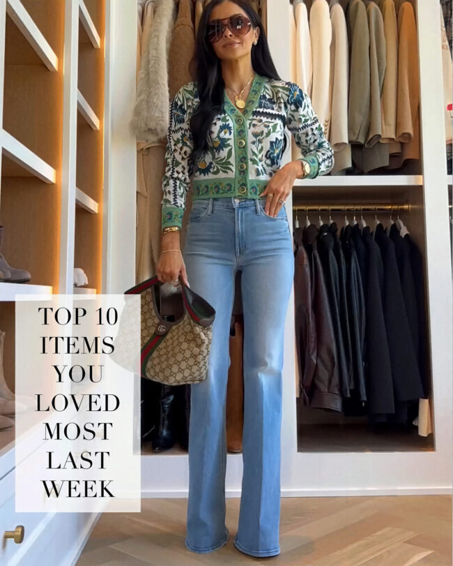 fashion blogger wearing mother doozy jeans with a farm rio cardigan