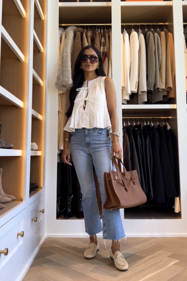 mia mia mine wearing a shopbop crop top with mother ankle jeans and gucci suede mules