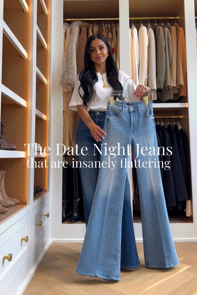 fashion blogger mia mia mine wearing the mother doozy bootcut jeans for a date night
