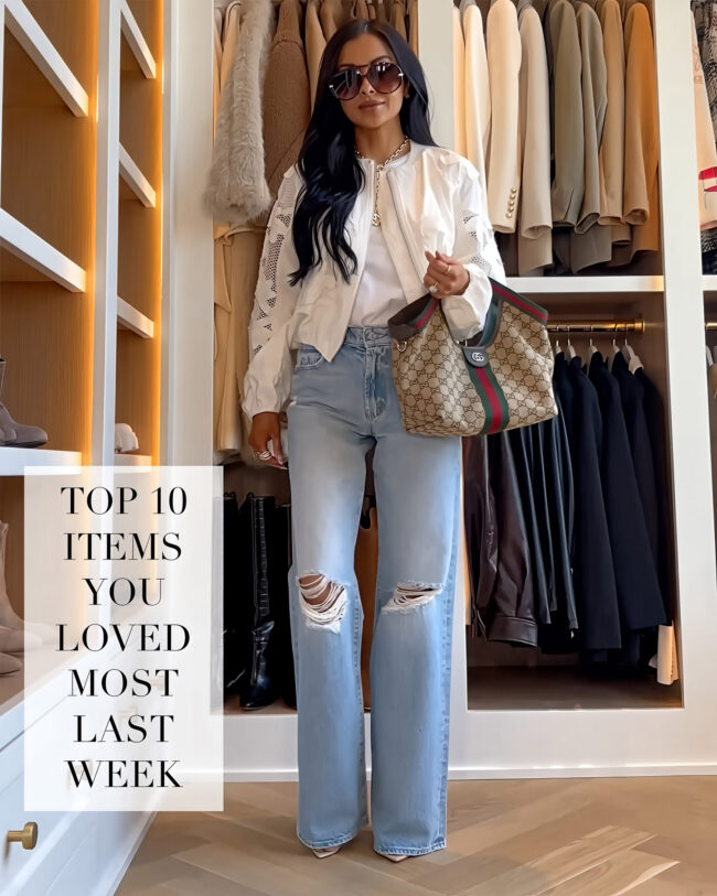 mia mia mine wearing a white eyelet jacket with mother ripped jeans