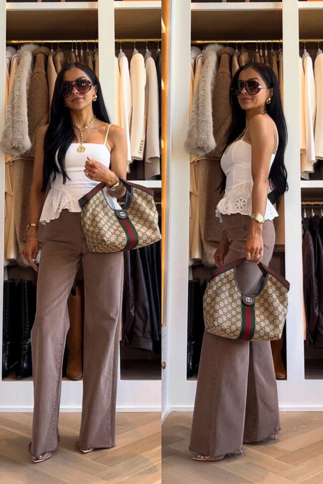 mia mia mine wearing paige tan wide leg jeans for summer
