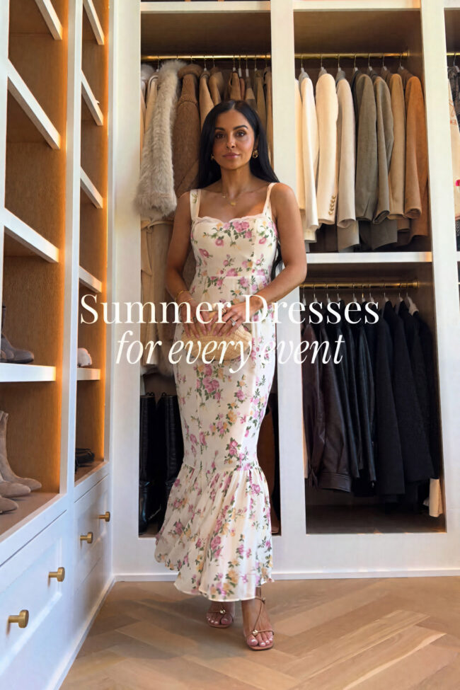 fashion blogger mia mia mine wearing a floral reformation dress from saks